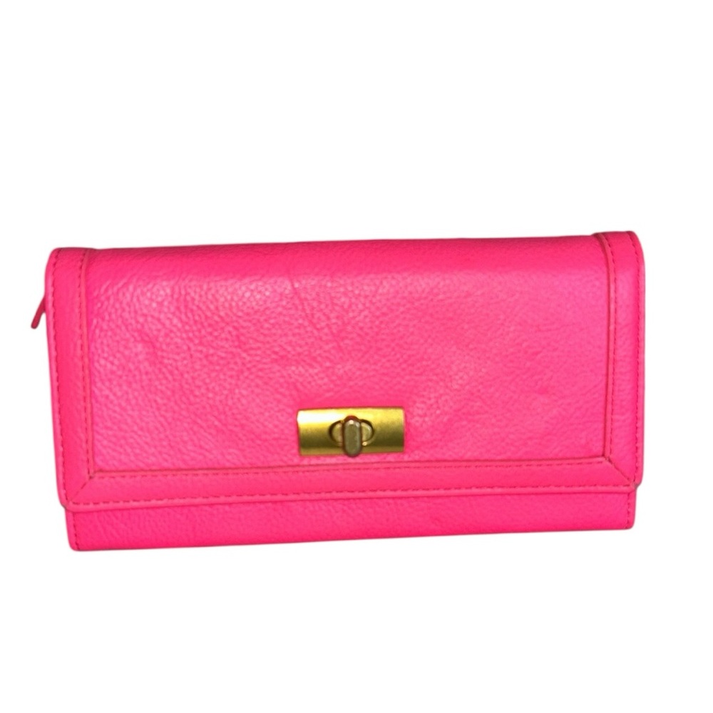 J.Crew Large Leather Gold Toggle Hot Pink Pebbled Leather  Wallet Clutch - Picture 7 of 7